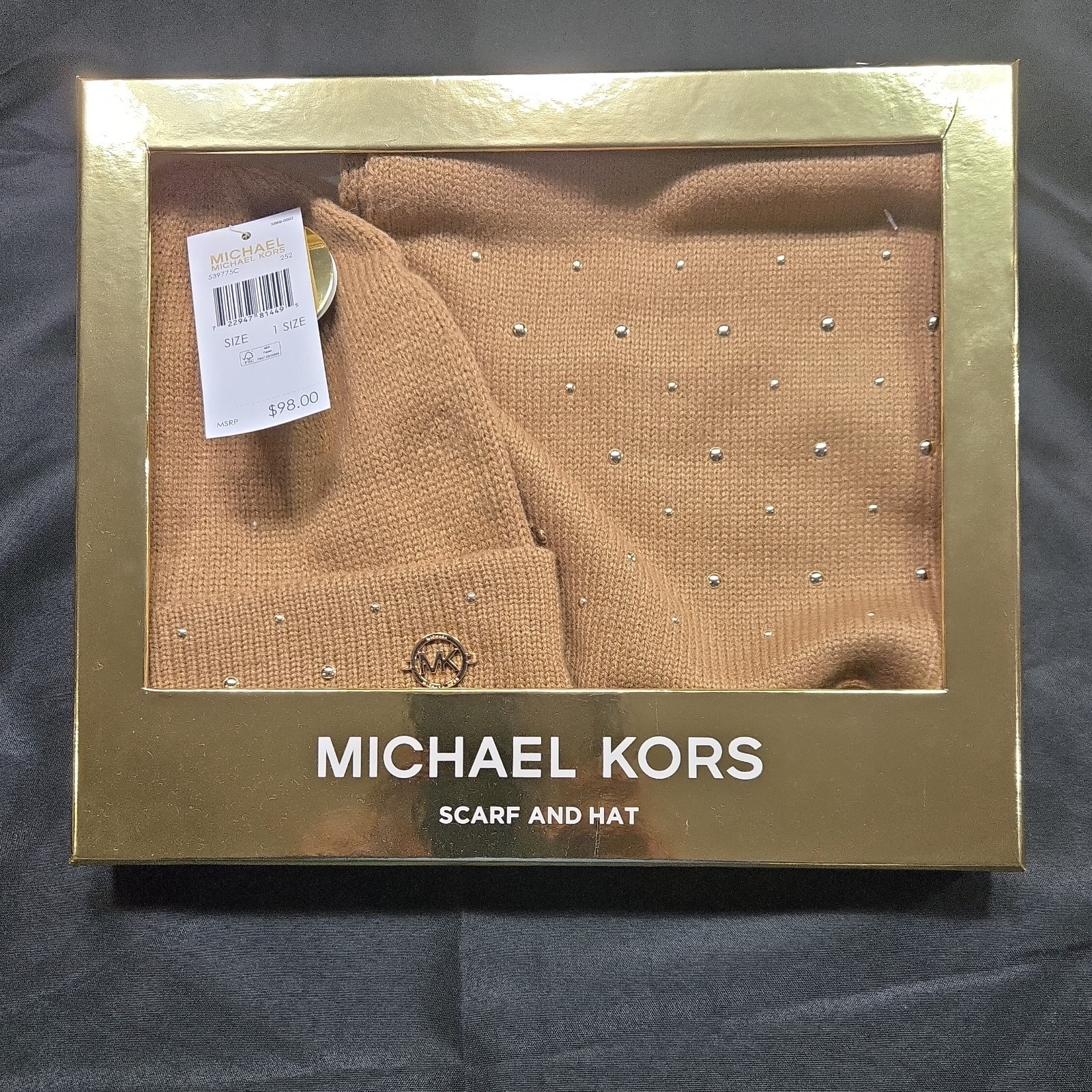 Michael Kors Scarf and Hat Knit Beige Beaded Accessory Set One Size
