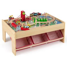 94 PCS Wooden Train Set Table w/Reversible Tabletops 3 Storage Bins Tracks Cars
