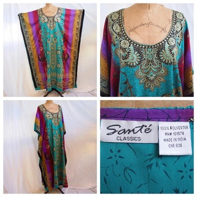 SANTE CLASSICS Mod Paisley Ethnic Boho Maxi Dress Caftan Beach Cover Up Hippy OS