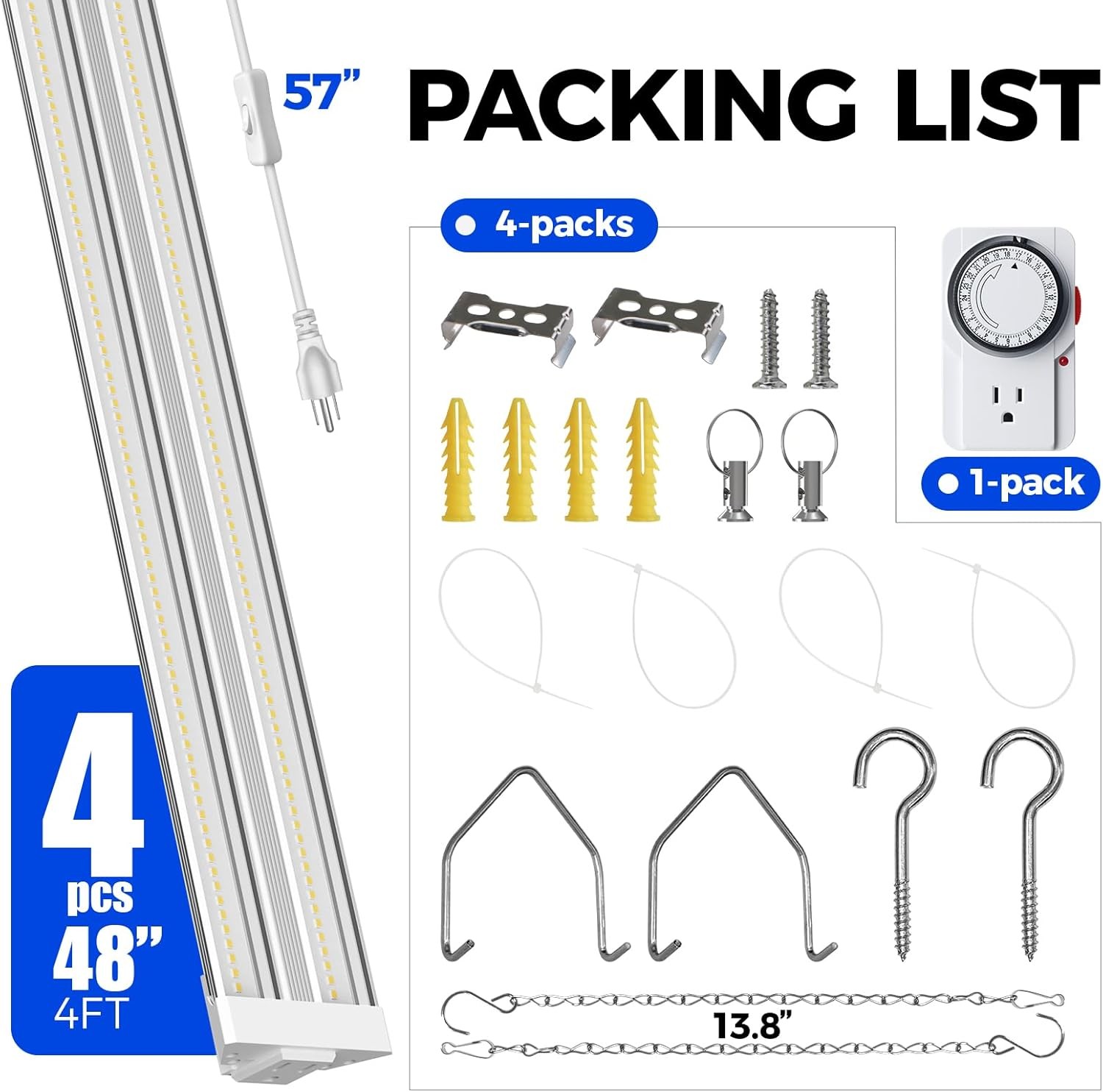 Barrina 4x TX72 4FT LED Hanging Grow Light 288W(4x72W) Full Spectrum 5000K Timer