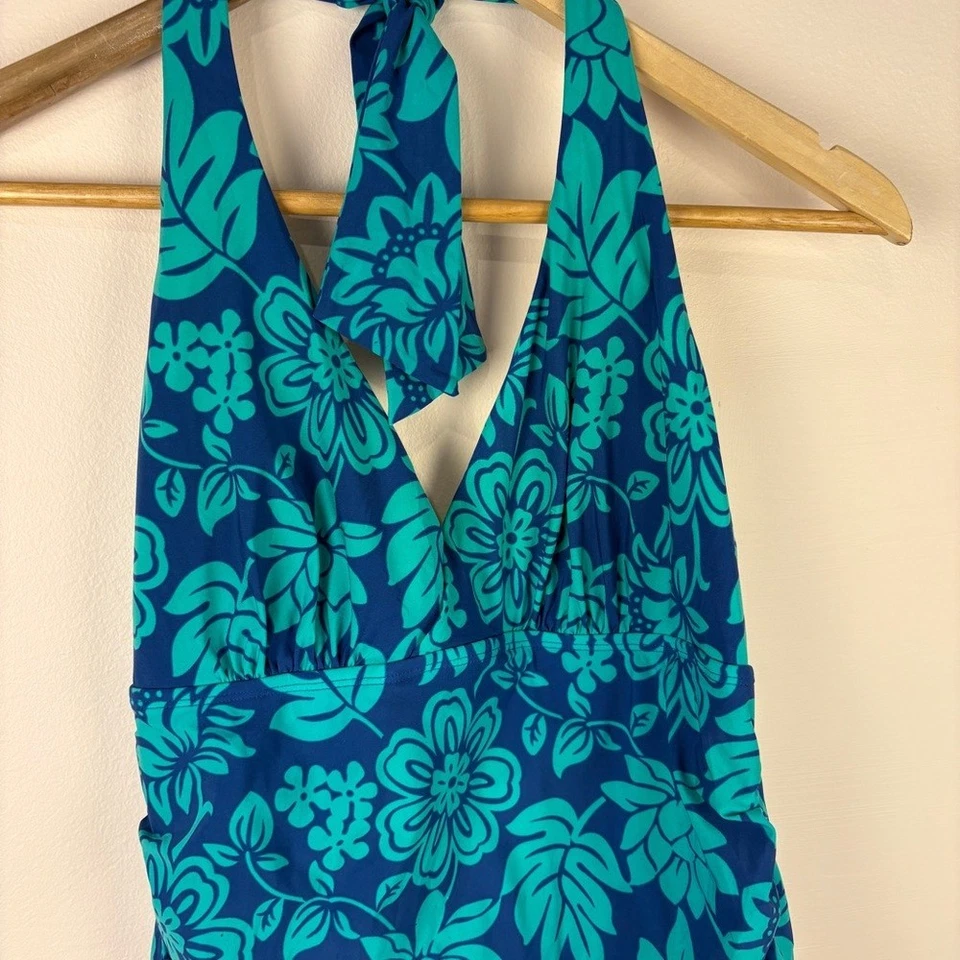 L.L. Bean Turquoise Navy Floral One Piece Swim Dress Size 10 UPF 40+ Beach - Image 2 of 4