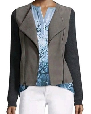 ELIE TAHARI $898 JOPLIN Genuine Lamb Leather MerinoWool Asymmetric Moto Jacket M