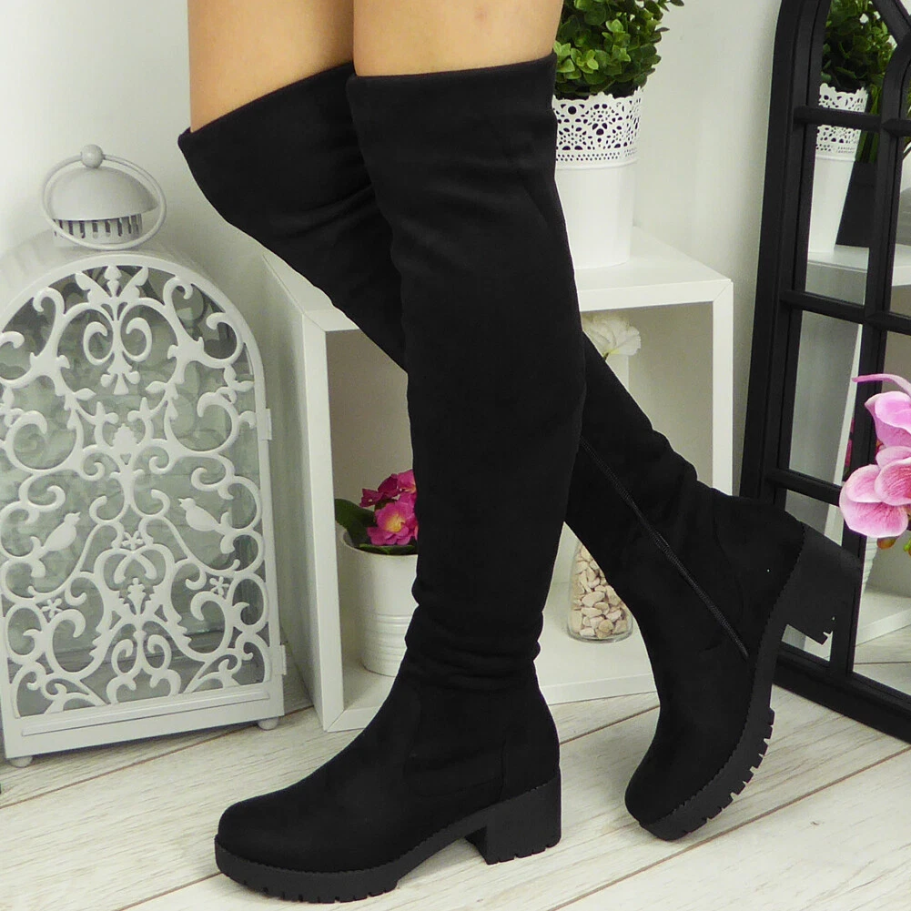 Womens Thigh High Boots Ladies Over The Knee Mid Heel Casual Office Shoes Size