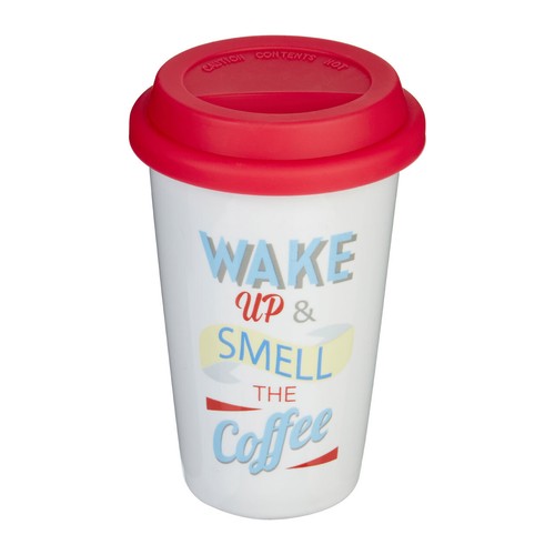 330ml Wake Up Porcelain Drinks Travel Mug Outdoor Contemporary White Red Lid Cup - Picture 2 of 4