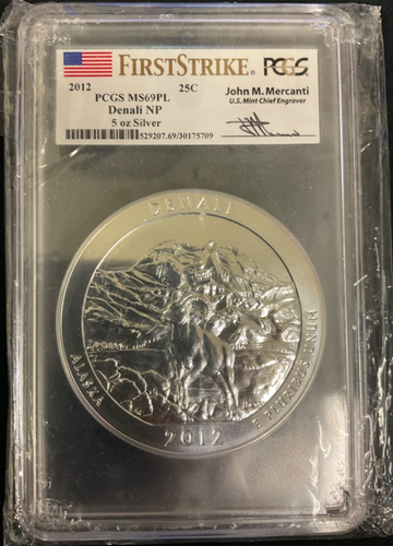 2012 5 oz Silver Denali ATB - PCGS MS69PL John Mercanti Signed still in wrap - Picture 1 of 3