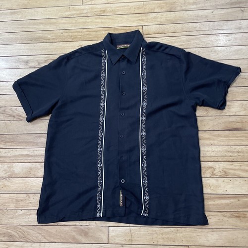 CUBAVERA Guayabero Shirt Men L Aztec Stripe Black Brown Cream Retro Cubano Money - Picture 12 of 19