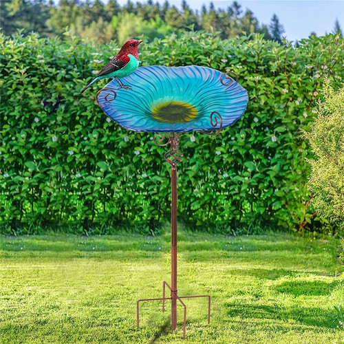 31" Glass Bird Bath Birdfeeder Bowl Food Station w Metal Stake Garden Lawn Decor - Picture 7 of 13