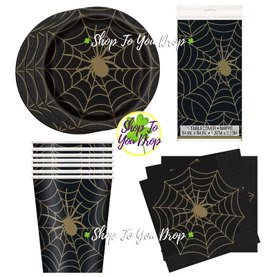 HALLOWEEN BLACK GOLD SPIDER TABLEWARE 33 PIECE SET Plates Napkins Cup Tablecloth