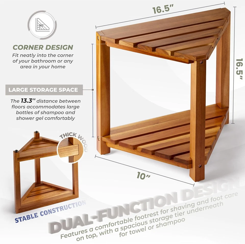 Taburete de Ducha Esquinero, Banco de Madera para Afeitar, Reposapiés Impermeable con Estante Foto 3 de 4