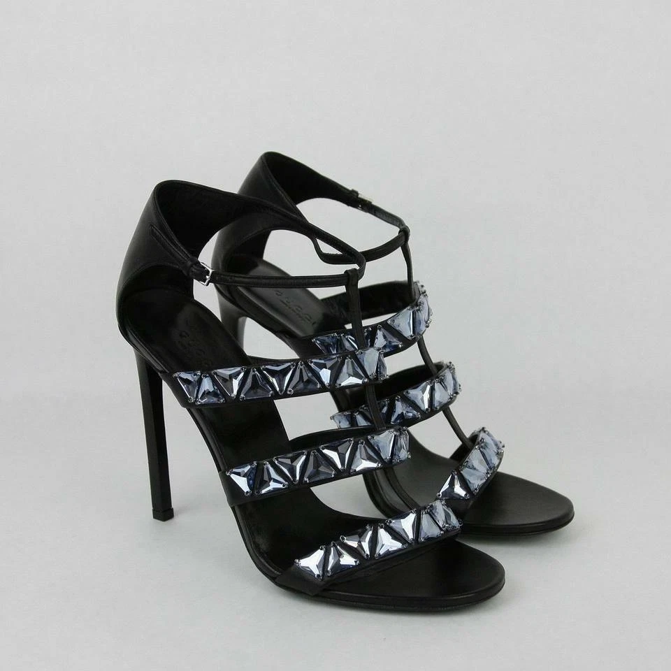 SANDALES ESCARPINS GUCCI 364930 CUIR NOIR SHARLOTTE BLEU CRISTAL BIJOUX NEUF DANS SA BOÎTE 40