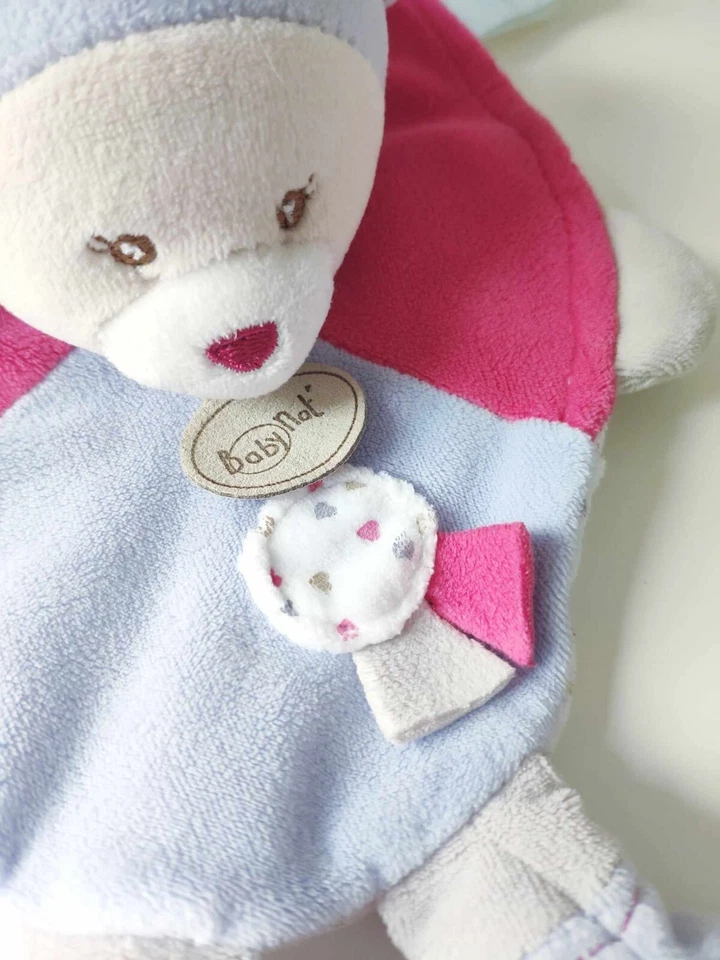 Doudou Plat Rond Capucine Ours Mauve/Violet Rose Blanc Coeurs Bonnet - Babynat - Photo 2/4