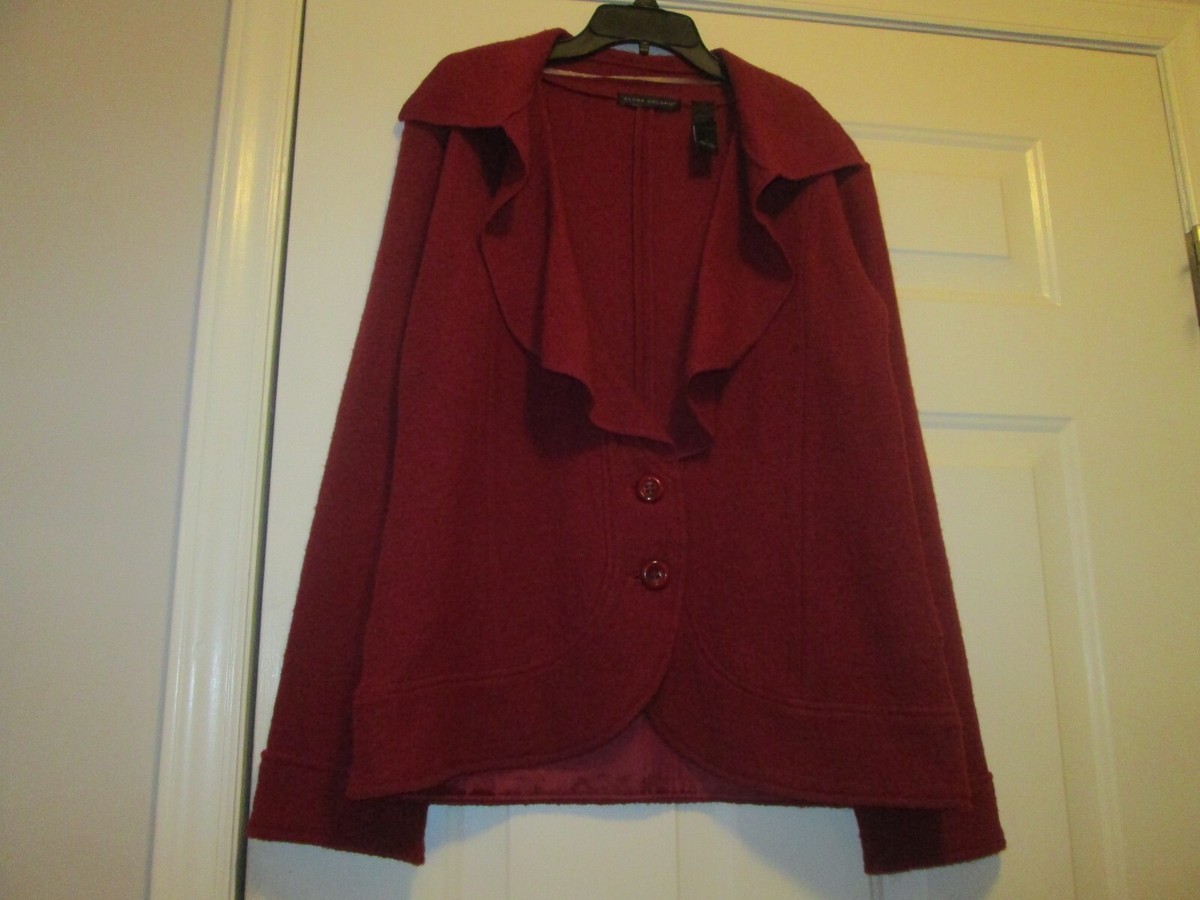 Women Elena Solano Sweater 100% Wool Ruffle Collar Red Size L Button Front  EX