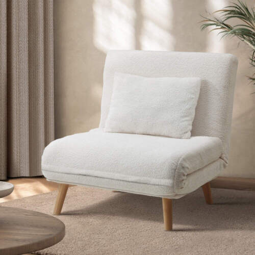 Oikiture Lounge Sofa Bed Sherpa Fabric Single Seat White - Picture 2 of 8