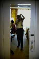 MAN TAKING CAMERA SELFIE THROUGH MIRROR ON BACK OF DOOR 1966 PHOTO SLIDE