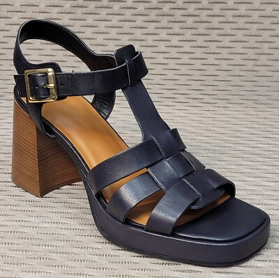 M&S Echtleder Plateau, Knöchelriemen Blockabsatz SANDALEN ~ Größe 7 ~ SCHWARZ