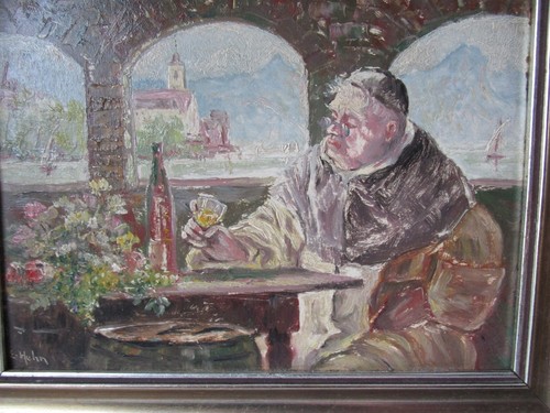 Emil Hehn altes Ölbild Mönch beim Wein 1964 24x18,5cm original gerahmt signiert - Picture 4 of 12