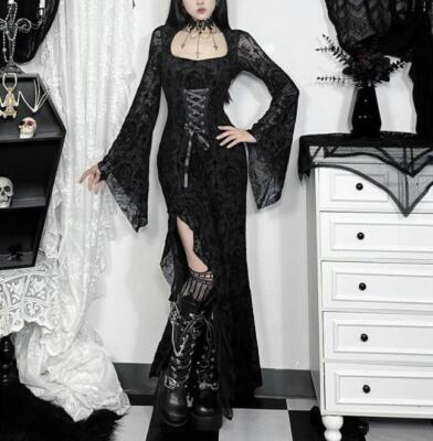 Women's Gothic Square Neck Lace Up Bell Sleeves Hip Package Mermaid Dress |  eBay
