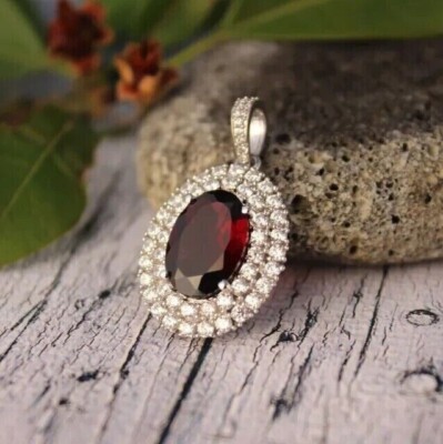 2Ct Oval Cut Simulated Garnet Halo Women's Charm Pendant 14k White Gold Plated