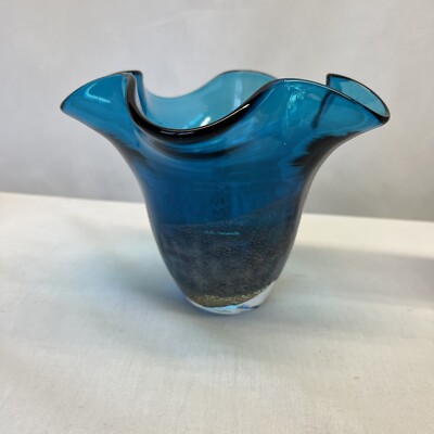 Mdina Midnight Glass Vase   Cobalt Blue Base   Metallic Overlay  Ruffle Top 4C