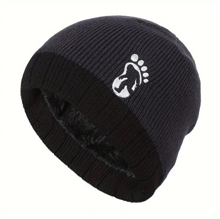 BIGFOOT "footprint" Premium Knit Fleece Lined Beanie Hat, Skull Cap-Navy/Black