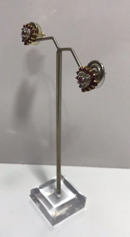 10KP Yellow White Gold Natural Ruby & Diamond Heart Stud Earrings 2.6g - Image 3 of 4
