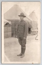 RPPC Attractive Soldier In Uniform At Tents Real Photo Postcard S24