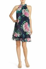 Eliza J Floral Print Chiffon Trapeze Dress SZ 12 Navy Multi