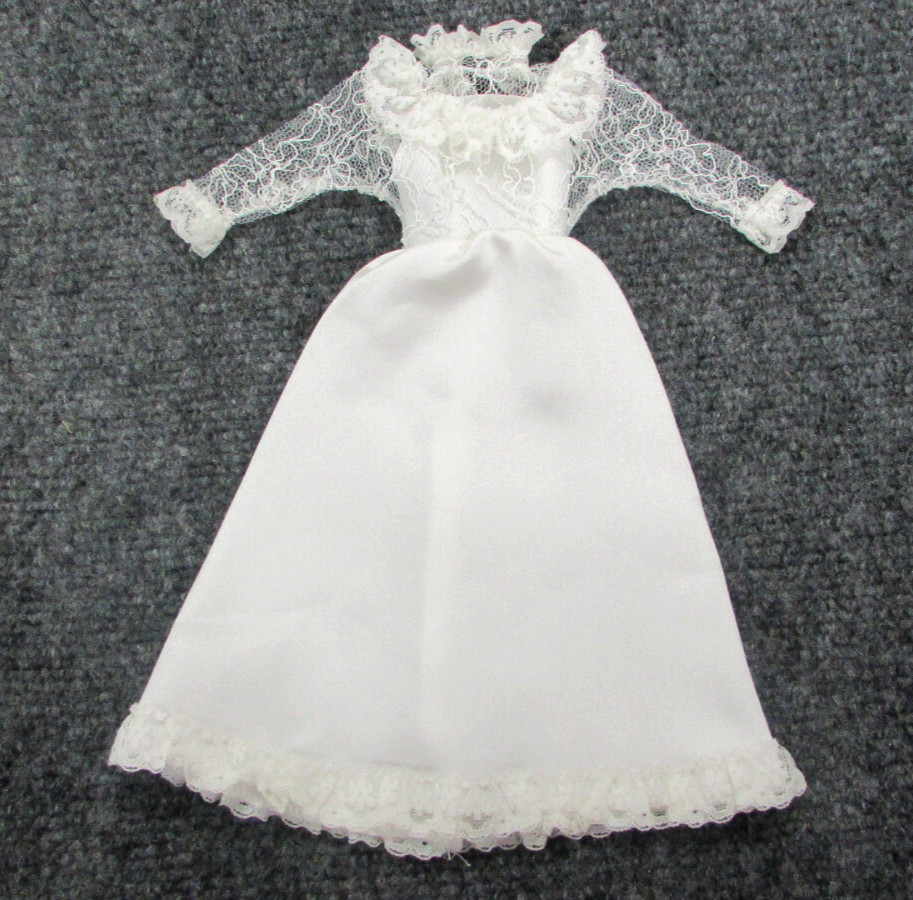 Barbie Doll Size Dress Ivory Off-White Wedding Gown Sheer Lace Bodice Satin Like