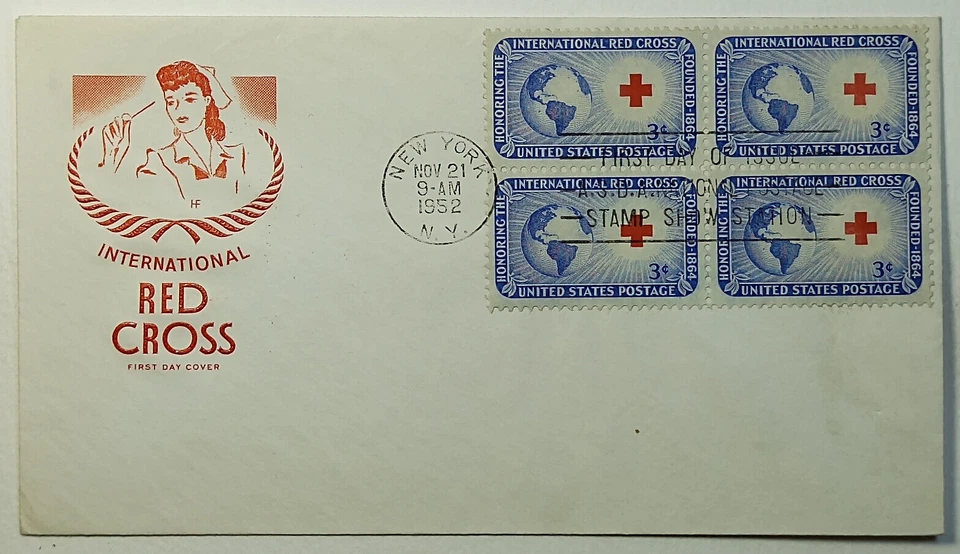 1952 FDC  Intl. Red Cross 3c House of Farnam Complete Set of3 Plate Blk SC #1016 - Image 4 of 4