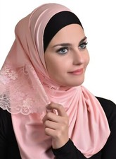 Women Floral Lace Edges Hijab Shawl Cotton Muslim Scarves Maxi Scarf Baby Pink