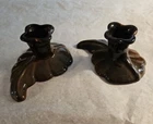 2 Vintage Van Briggle Pottery LEAF  Candle Stick Holders Brown Glaze 3" Colorado