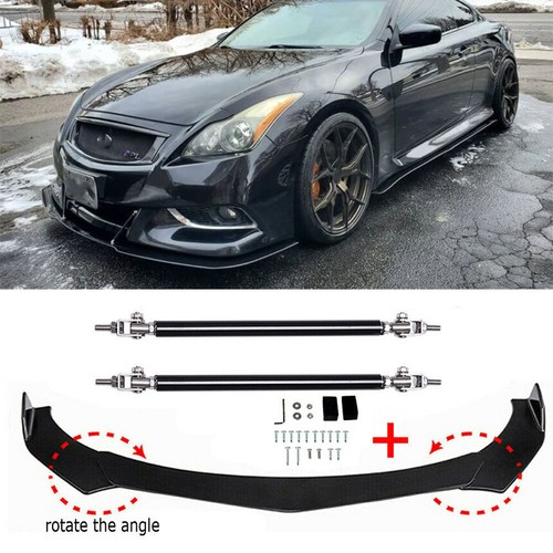 For Infiniti Q50 Q60 Q70 G25 G37 Black Front Bumper Lip Splitters + Strut Rods