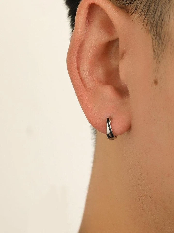 Black Enamel Stripe Hoop Single Side Wedding Earring For Men's In 10K White Gold - Image 2 of 4