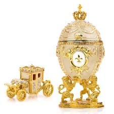 Royal Imperial Beige / Cream Russian Easter Egg Replica Large 6.6" + Carriage