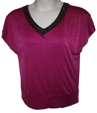 AB Studio Red Space V-Neck Embellished Dolman Sleeve Knit Blouse Size M