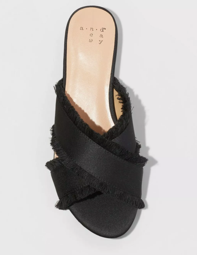 WOMEN'S A NEW DAY SEPHORIE SATIN FRAYED CROSS BAND SLIDE FLATS/SANDALS, BLACK - Picture 2 of 3