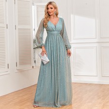 New Womens Shiny Dress See Through Long Sleeved V-neck A-line Skirt Evening Gown