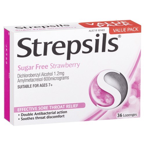 3 x Strepsils Sugar Free Strawberry Flavour Lozenges Sore Throat Relief 36 Pack - Picture 3 of 5
