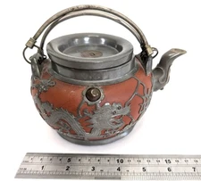 Vintage Chinese Yixing Teapot Zisha Red Clay With Pewter Dragon Overlay 7.5in D1