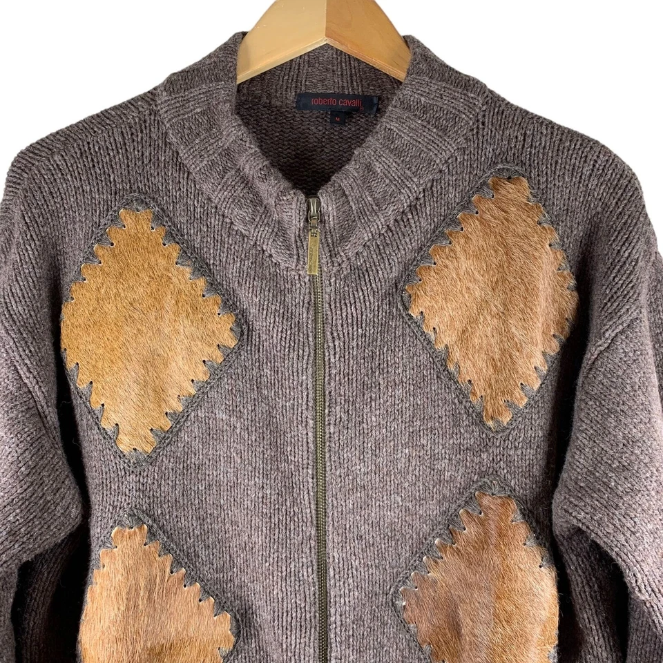 ROBERTO CAVALLI Marrón Camel Pelo/Lana Piel Argyle Cremallera Cárdigan Suéter Para Hombre M Foto 3 de 4