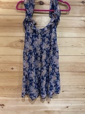 Womens Paisley Ruffle Strap Dress Scoop Neck Sleeveless Short Blue One Size