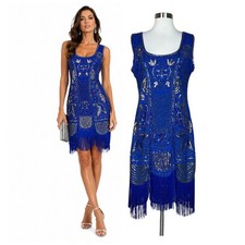 NEW Unique Vintage Beaded Blue Sequin Fringe Flapper Art Deco Cocktail Dress L