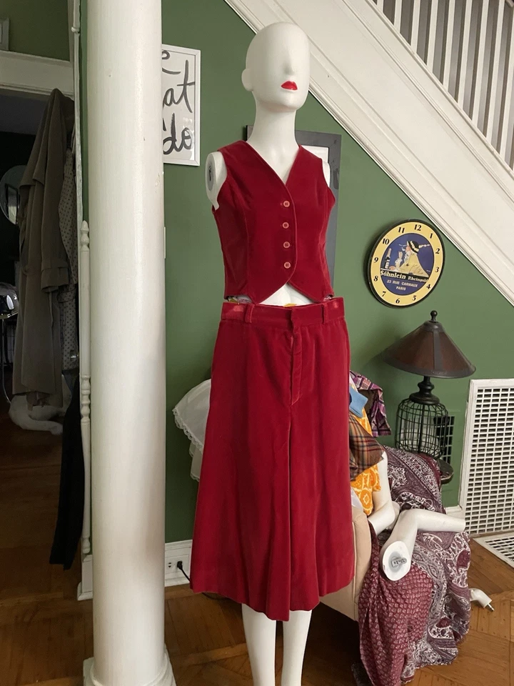 Conjunto de chaleco y pantalones de pierna ancha vintage de terciopelo de algodón rojo S 34/26 Foto 2 de 4