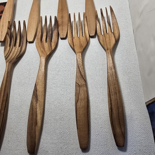 Hand-Carved Teak Wood Fork & Spoon Set by Rian Kusuma Bali 12pc Rustic Utensils - Picture 4 of 6