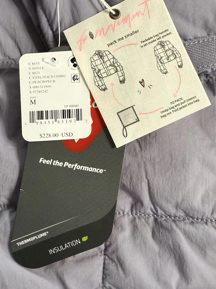 Free People Movement 钢桃雪佛龙 Puffer 夹克女式 M 美元228 全新带标签 — 第 2/4 张图片