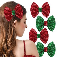 4 Pcs Christmas Hair Clip Accessories - Green Red Glitter Hair Barrettes, Rib...