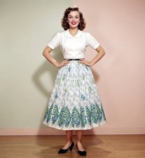 1950s Fit  Flare Skirt 4 / 6 Rockabilly Full Long Gathered Novelty Border Blue