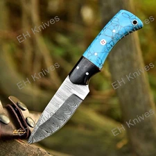 8'' Damascus Fixed Blade Knife - Handmade Hunting Skinner - Survival Outdoor