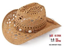 Straw Cowboy Hat, Western Cowgirl Hat, Wide Brim Sun Beach One Size Khaki-m26
