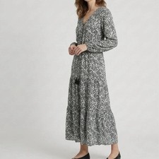 Jasminah Paris Floral Maxi Dress Black White Ditsy Print Boho Tiered V-Neck S/M